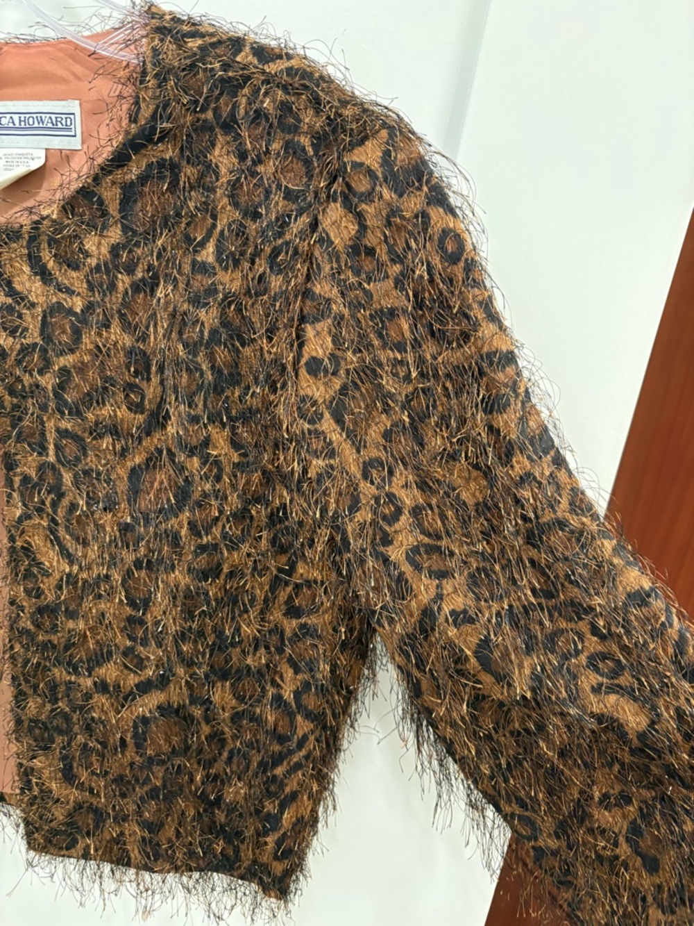 Vintage 90s Leopard Print Eyelash Fringe Jessica Howard Evening Jacket Size L - Picture 6 of 10